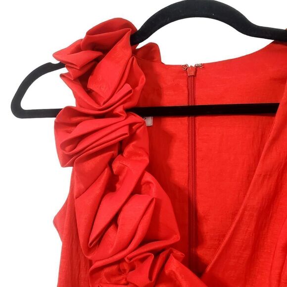 VTG CACHE Rosette Cocktail Dress Size 6 Red Stretchy 3D V-Neck Sleeveless Womens - Picture 3 of 11